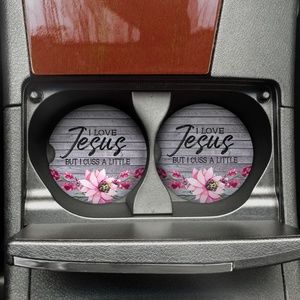 I Love Jesus But I Cuss A Little Car Coaster Set
